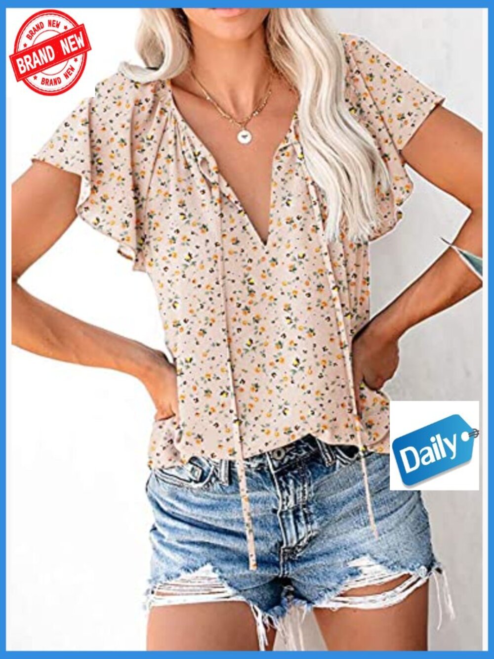 Women's Boho Floral V-Neck Short Sleeve Blouse, Lightweight Polyester Summer Top - Picture 2 of 7